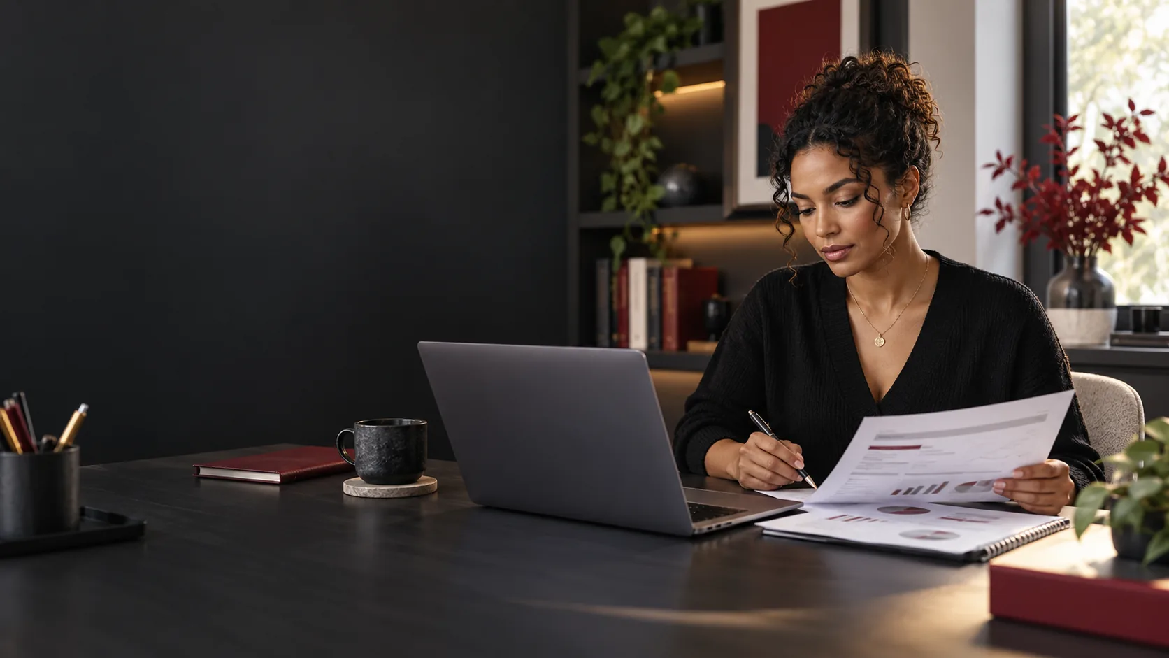 Woman reviewing her credit report and supporting documents at a desk.