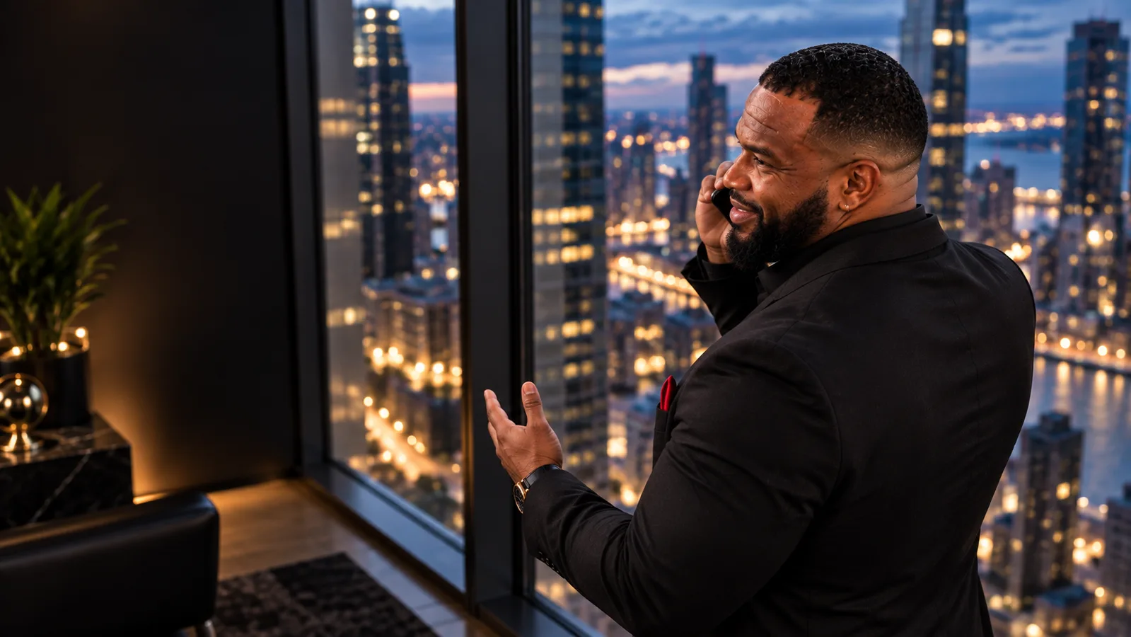 David King on a call with a client, city skyline at night.